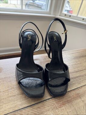 Zara Black Patent Leather Square-Toe Ankle-Strap Heels